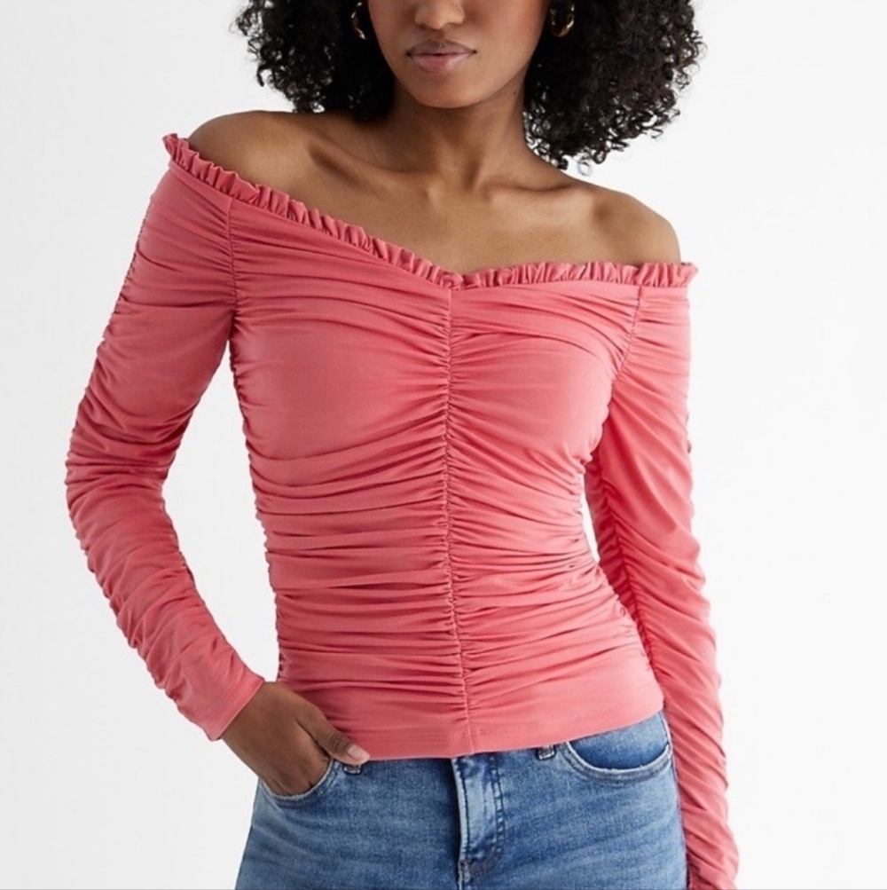 Express Body Contour Ruched Off Shoulder Pink Long-Sleeve Women’s Top XL